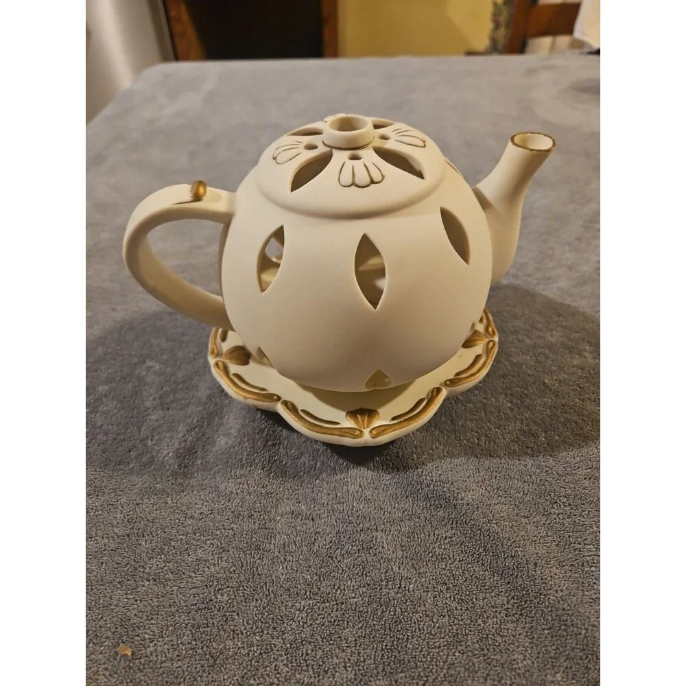 Partylite TEAPOT Tealight Candle Holder TEA TIME Luminary P7301 Porcelain Bisque
